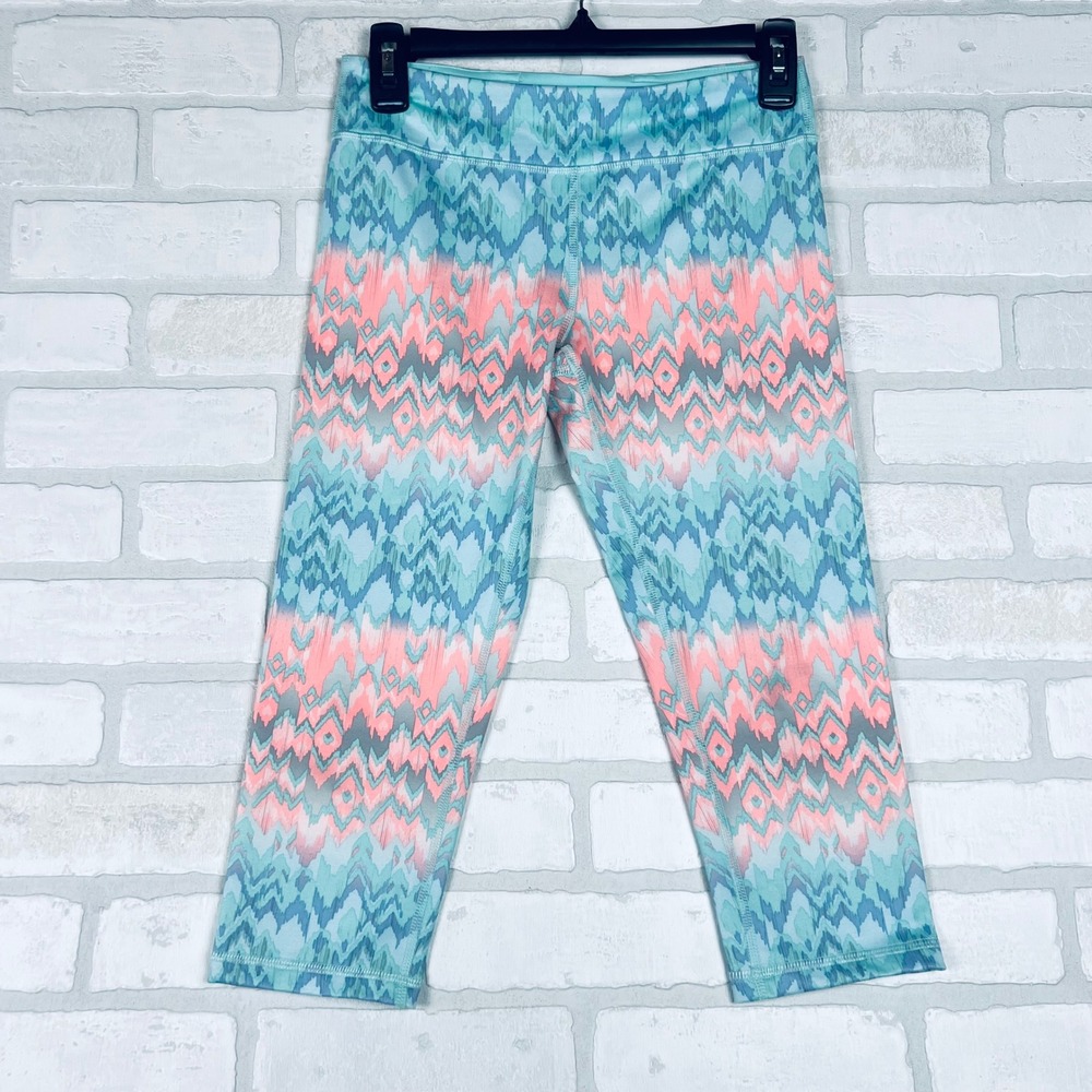 Ivivva by Lululemon Girls Teal Pink Chevron Cropped Athletic Leggings Size 14